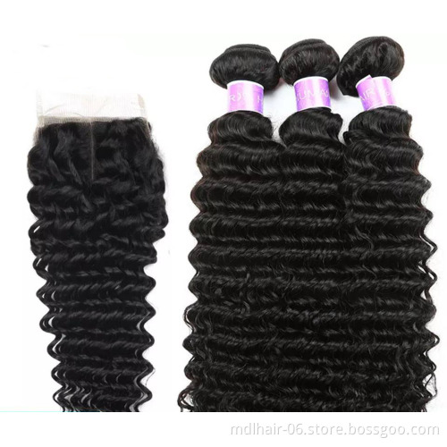 Full Cheap Brazilian Hair Bundles Deep Wave Natural Hair Extension Virgin Hair Bundles With Lace Closure
